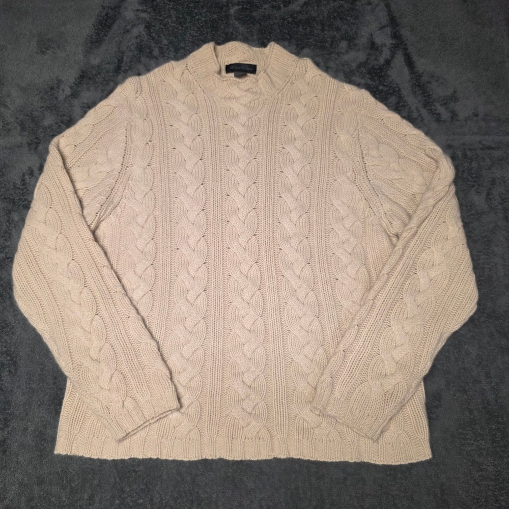 Vintage Brooks Brothers Sweater Mens L 100% Cashmere Cable Knit Mock Neck Cream